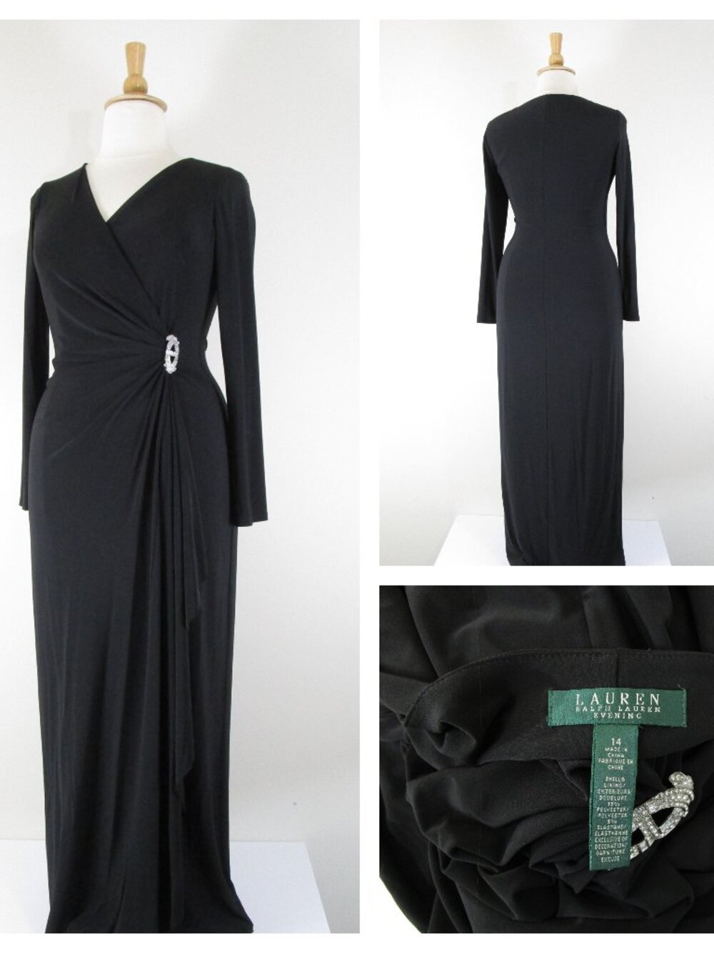 Lauren Ralph Lauren Plus Size Black Faux Wrap Long Formal Dress Gown 14